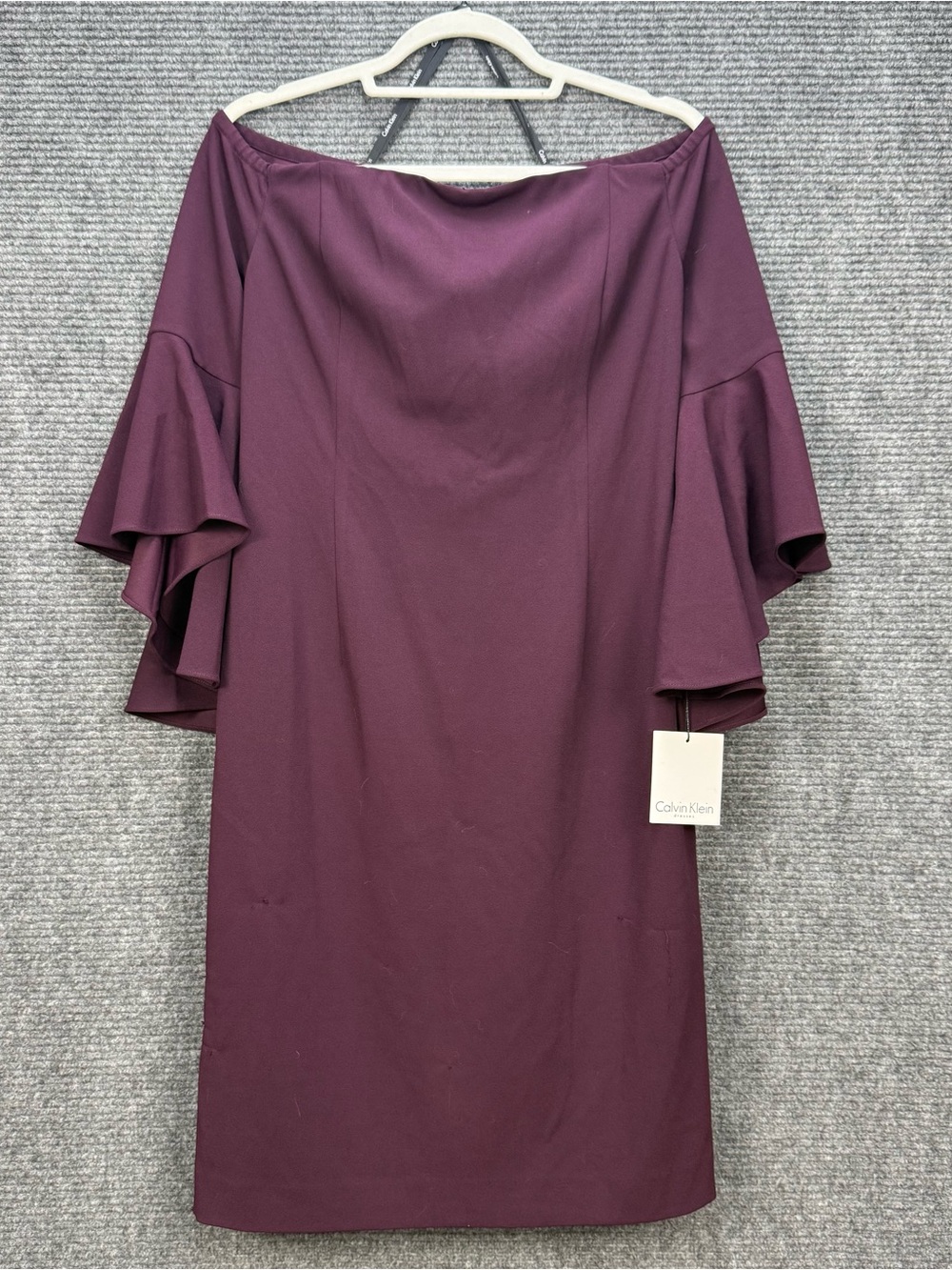 Calvin Klein NWT Size 14 Plum Off Shoulder Ruffle Sleeve Sheath Dress